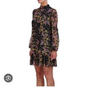 BCBG Black Floral High-Neck Long Sleeve Ruffle Dress